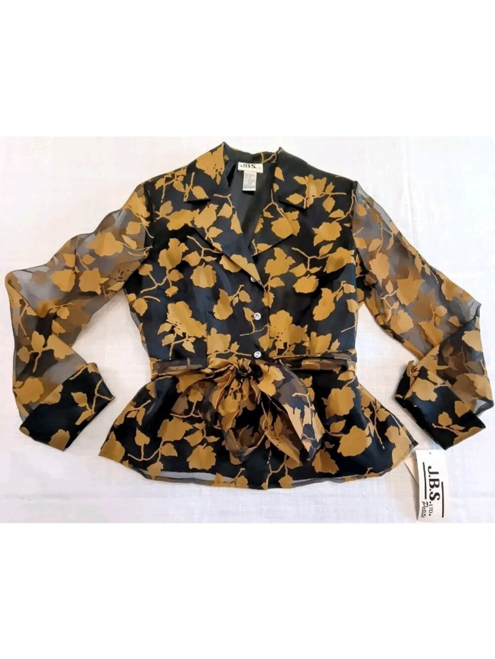 J.B.S. LTD Women’s Size 8 Black Floral Sheer Sleeve Peplum Blouse with Belt